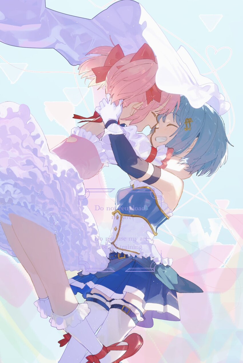 2girls bare_shoulders belt blue_hair blue_skirt bow cape commentary detached_sleeves dress fortissimo frilled_dress frilled_socks frills gloves hair_bow hair_ornament highres hug kaname_madoka kaname_madoka_(magical_girl) magical_girl mahou_shoujo_madoka_magica mahou_shoujo_madoka_magica_(anime) miki_sayaka miki_sayaka_(magical_girl) multiple_girls musical_note musical_note_hair_ornament pink_hair pleated_skirt red_shoes shoes short_hair short_twintails skirt smile socks thigh_belt thigh_strap thighhighs twintails un_nm5sy white_cape white_gloves white_thighhighs yuri