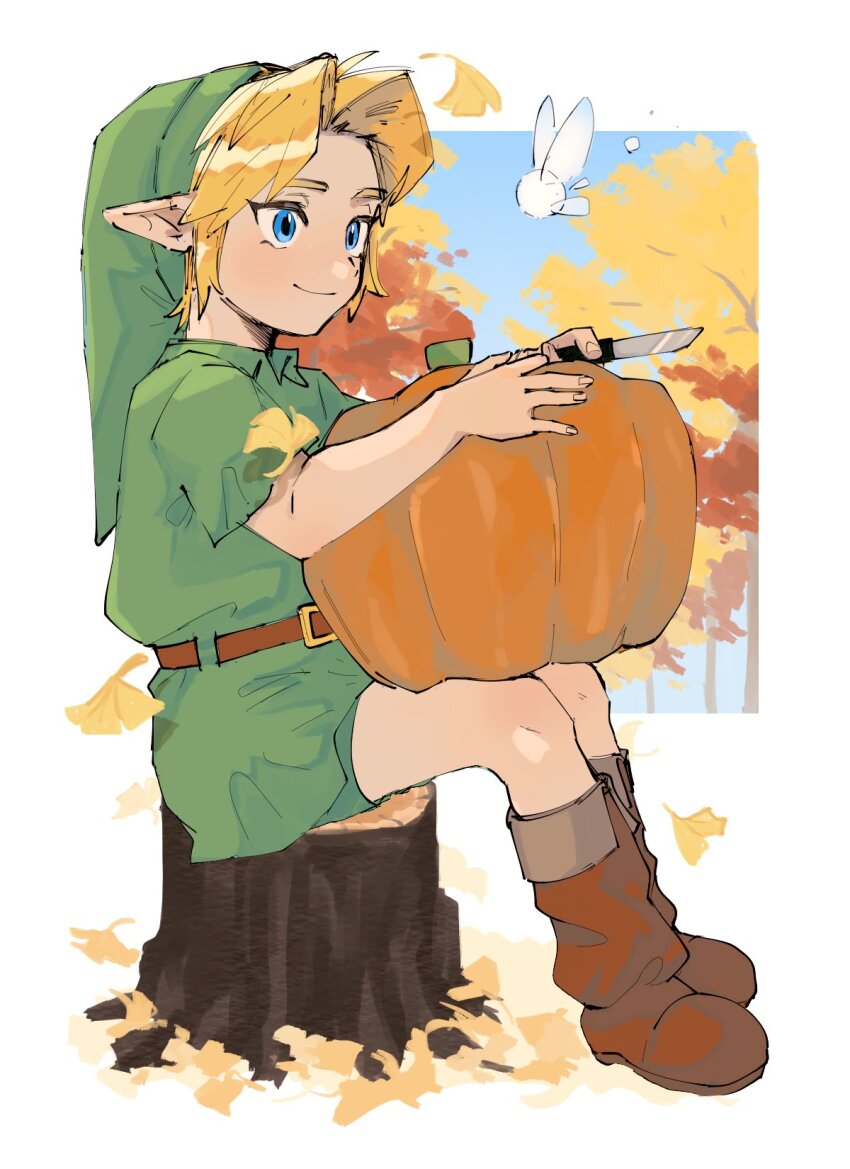 1boy belt blonde_hair blue_eyes boots border brown_belt brown_boots child closed_mouth collared_shirt commentary_request fairy falling_leaves food full_body green_hat green_tunic hat highres holding holding_food holding_knife holding_pumpkin holding_vegetable knife leaf link navi nintendo outside_border pointy_ears pumpkin shirt short_hair sitting on_tree_stump smile solo the_legend_of_zelda the_legend_of_zelda:_ocarina_of_time tree_stump tunic vegetable white_border yamori_(yamoooon21) young_link