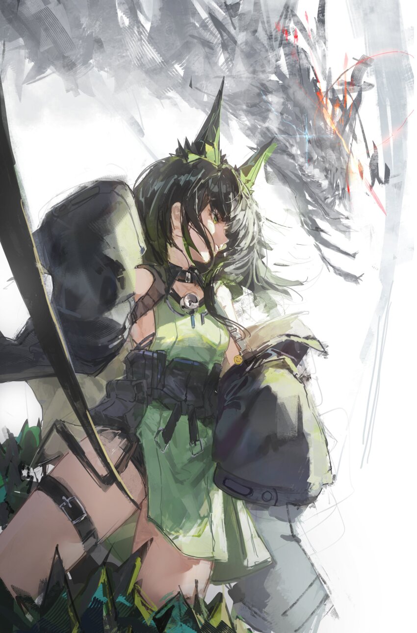 1girl absurdres animal_ears arknights belt_pouch black_hair black_jacket breasts cat_ears cat_girl colored_inner_hair commentary corset cowboy_shot dress extra_ears from_below gandy_(gan3e46) green_eyes green_hair highres jacket long_hair looking_to_the_side mon3tr_(arknights) mon3tr_(summon)_(arknights) multicolored_hair open_clothes open_jacket personification pouch sideboob simple_background thigh_strap thighs white_background