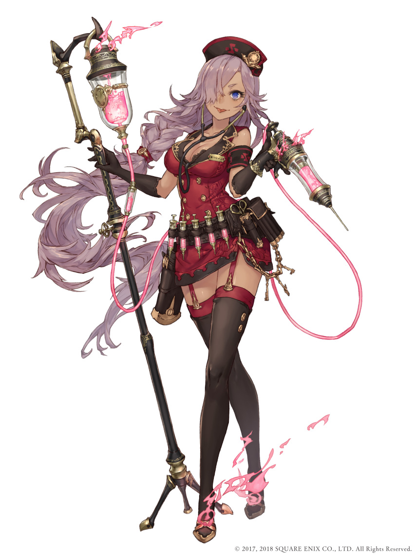 1girl absurdres armband belt blue_eyes boots breasts cinderella_(sinoalice) crossed_legs dark-skinned_female dark_skin female_focus full_body garter_straps gold_trim hair_over_one_eye hat high_heels highres intravenous_drip jino large_breasts long_hair looking_at_viewer name_tag nurse nurse_cap official_art purple_hair sinoalice solo stethoscope syringe thigh_boots thighhighs tongue tongue_out very_long_hair watson_cross white_background