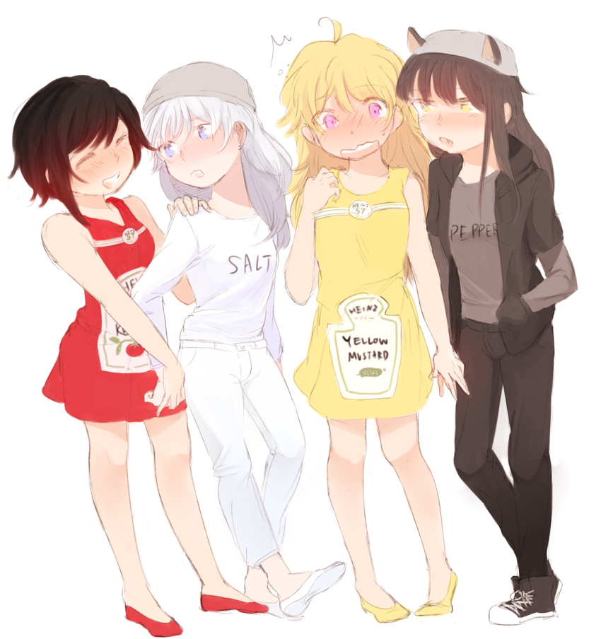 4girls animal_ears blake_belladonna blonde_hair blush cat_ears highres image_sample ketchup multiple_girls mustard pepper_(spice) pixiv_sample red_hair ruby_rose rwby salt weiss_schnee white_hair yang_xiao_long
