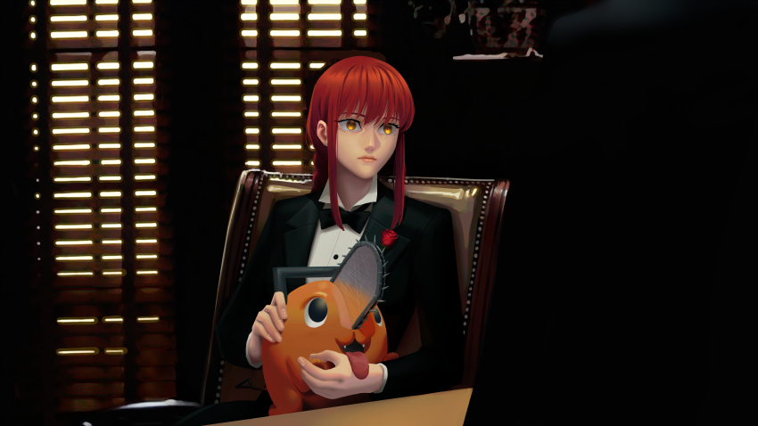 absurdres black_suit braid chainsaw_man formal_clothes highres makima_(chainsaw_man) petting pochita_(chainsaw_man) red_hair single_braid suit suteja the_godfather window_blinds yellow_eyes