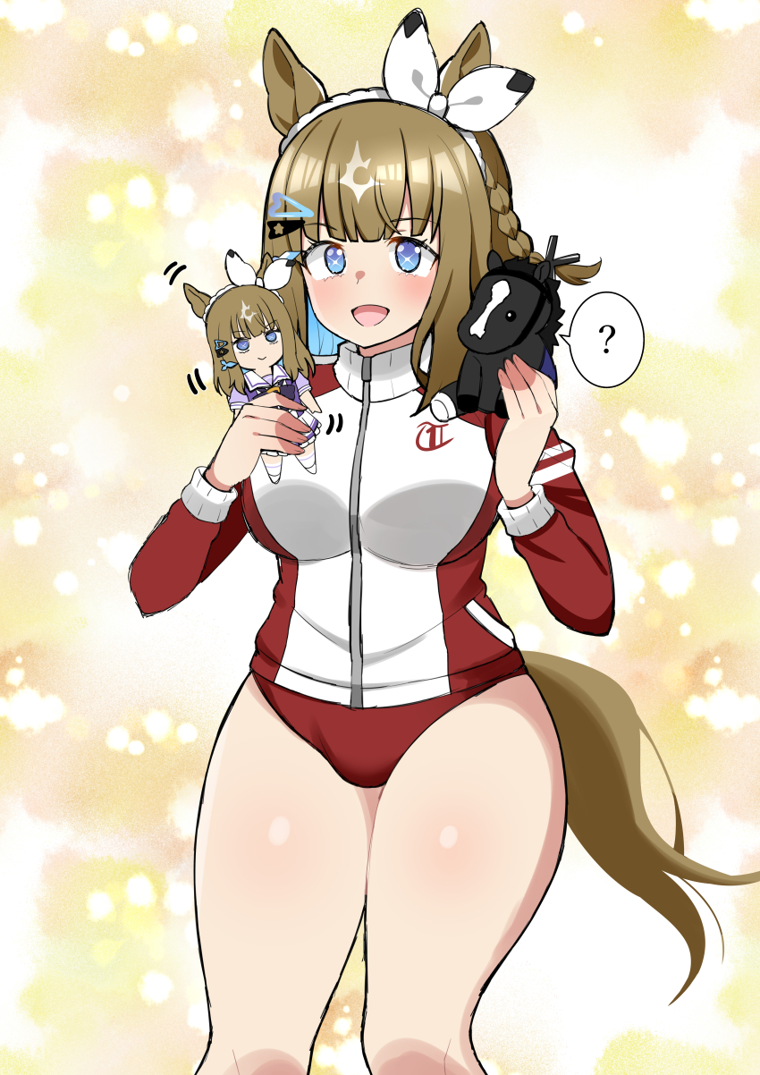 1girl ? absurdres almond_eye_(umamusume) animal_ears aramori_susumu blue_eyes blue_hair bow braid brown_hair buruma character_doll colored_inner_hair commentary doll equinox_(racehorse) gradient_eyes hair_bow highres holding holding_doll horse horse_ears horse_girl horse_tail jacket jaggy_lines long_sleeves motion_lines multicolored_eyes multicolored_hair open_mouth puffy_short_sleeves puffy_sleeves purple_eyes real_life red_buruma red_jacket sailor_collar sailor_shirt school_emblem school_uniform shirt short_sleeves single_braid sketch speech_bubble spoken_question_mark summer_uniform tail tracen_school_uniform track_jacket umamusume undersized_animal white_bow white_sailor_collar