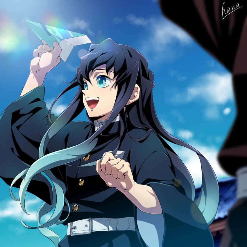 1boy aqua_eyes aqua_hair belt belt_buckle black_hair blue_sky buckle buttons cloud demon_slayer_uniform egasumi hana_ni_nare highres holding holding_paper_airplane kimetsu_no_yaiba long_hair male_focus multicolored_hair open_mouth outdoors paper_airplane signature sky solo tokitou_muichirou white_belt