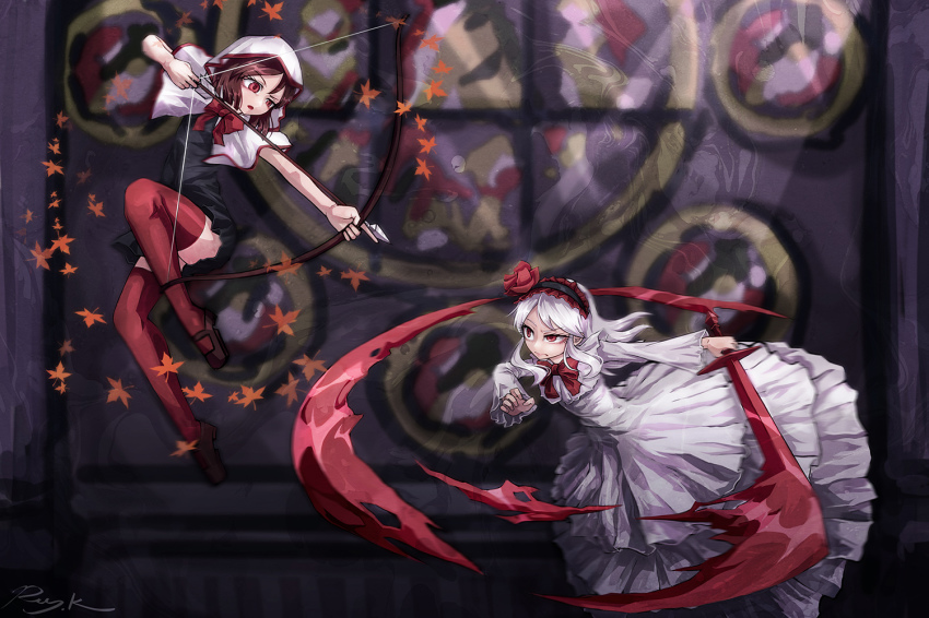 2girls arrow_(projectile) black_dress bow bow_(weapon) bowtie brown_hair capelet commentary_request dress fennel_(momodora) fighting frilled_hairband frills hairband hood hooded_capelet kaho_(momodora) leaf long_hair looking_at_another maple_leaf momodora:_reverie_under_the_moonlight motion_blur multiple_girls ray-k red_eyes red_legwear short_hair signature sword thighhighs uneven_eyes weapon white_capelet white_dress white_hair