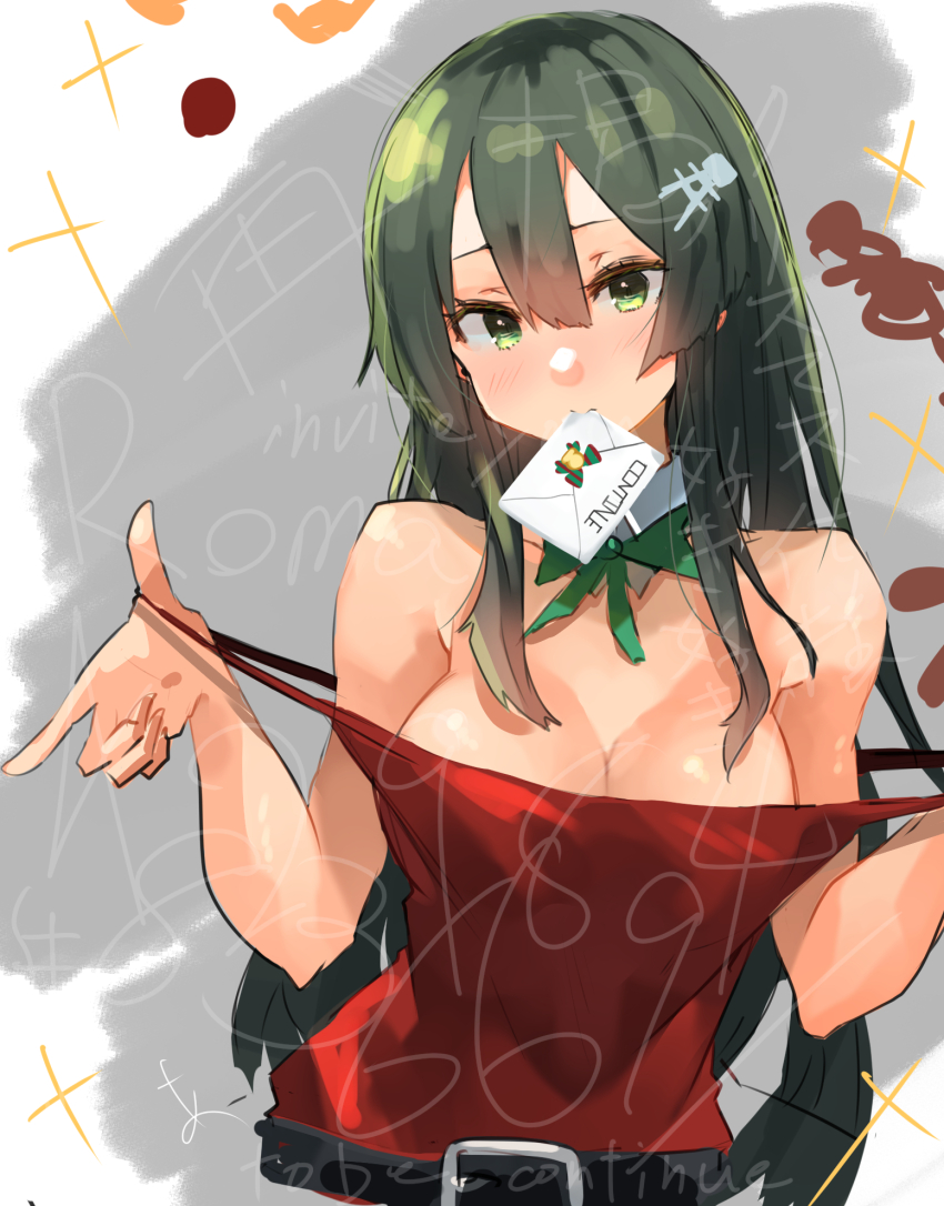 1girl black_hair bow bowtie breasts cleavage dress envelope green_bow green_bowtie green_eyes grey_hair hair_between_eyes hair_ornament hairclip highres kantai_collection long_hair looking_at_viewer medium_breasts mouth_hold off_shoulder official_alternate_costume oyashio_(christmas)_(kancolle) oyashio_(kancolle) red_dress simple_background solo sunday_aki too_many_watermarks upper_body very_long_hair watermark