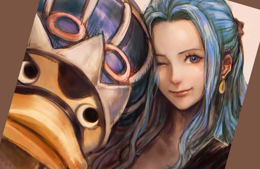 1girl bird blue_hair brown_eyes close-up closed_mouth commentary duck earrings half_updo hat jewelry karoo_(one_piece) long_hair looking_at_viewer nefertari_vivi one_eye_closed one_piece sidelocks smile symbol-only_commentary tsuyomaru