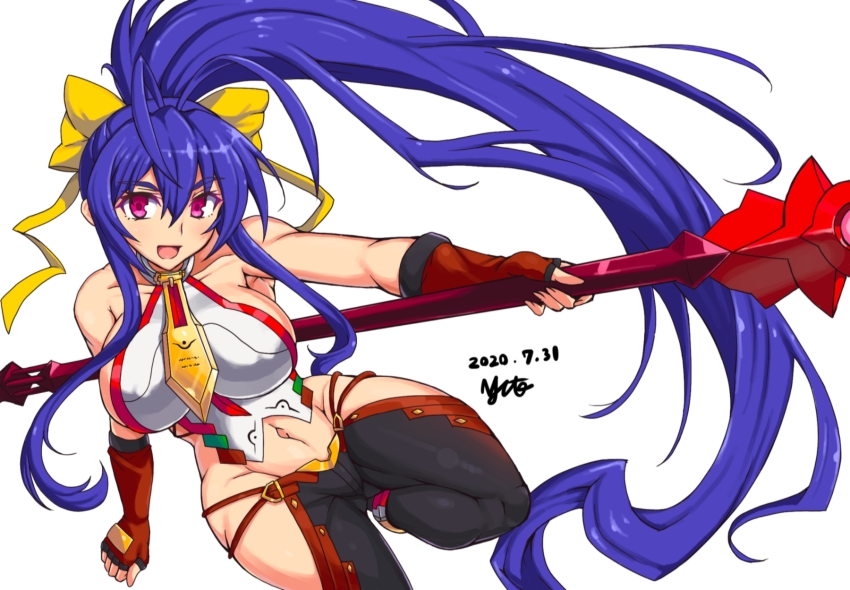 1girl antenna_hair backless_outfit black_pants blazblue blazblue:_central_fiction blazblue_variable_heart blush bow breasts genderswap genderswap_(mtf) halterneck halterneck highres large_breasts long_hair looking_at_viewer lowleg lowleg_pants mai_natsume nishiumi_yuuta outseal pants polearm ponytail revealing_clothes sideboob smile solo spear weapon yellow_bow