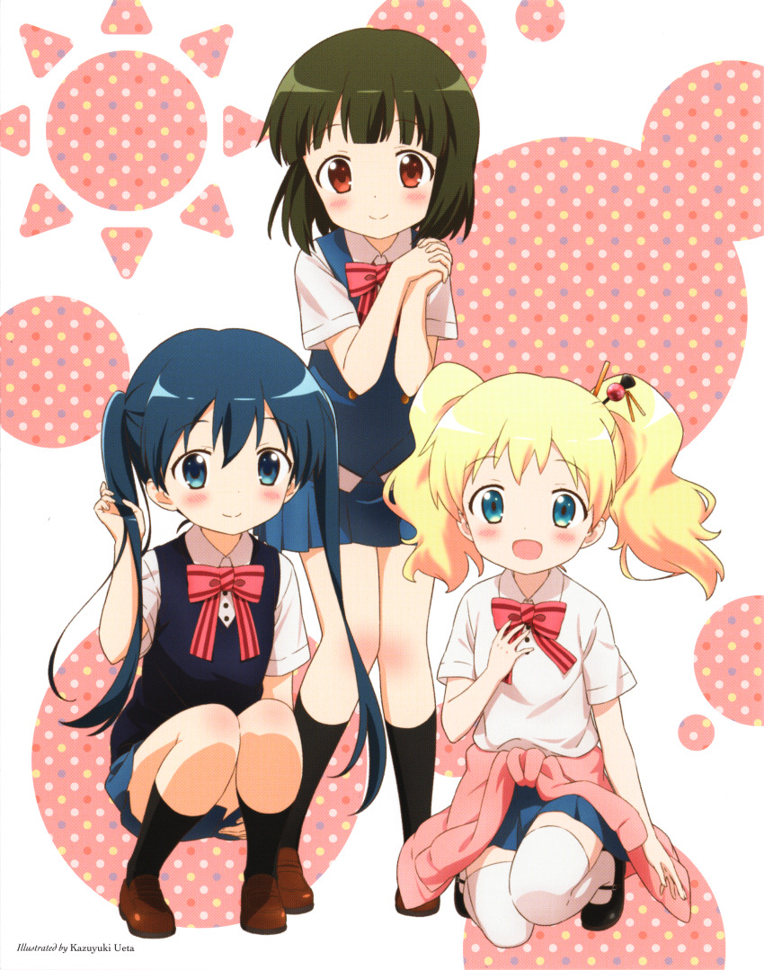 3girls :d absurdres alice_cartelet artist_name black_shoes black_socks blonde_hair blue_eyes blue_hair blue_skirt blue_vest blush bow bowtie brown_eyes brown_shoes cardigan cardigan_around_waist closed_mouth clothes_around_waist collared_shirt full_body green_hair hand_on_own_chest highres holding holding_own_hair kin-iro_mosaic komichi_aya loafers long_hair looking_at_viewer miniskirt moegi_high_school_uniform multiple_girls non-web_source official_art oomiya_shinobu open_mouth own_hands_clasped own_hands_together pink_bow pink_bowtie pink_cardigan scan school_uniform shirt shoes short_hair skirt smile socks squatting standing striped_bow striped_bowtie striped_clothes summer_uniform thighhighs ueta_kazuyuki vest white_shirt white_thighhighs