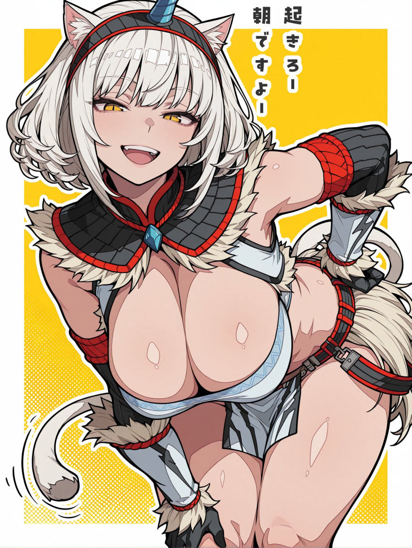 adjusting_clothes adjusting_panties animal_ears armor belt blush breasts cleavage gauntlet gloves hair_ornament highres horns inakamonor kirin kirin_(armor) looking_at_viewer midriff monster_hunter_(series) panties pelvic_curtain tail thighhighs thighs underwear white_hair yellow_eyes