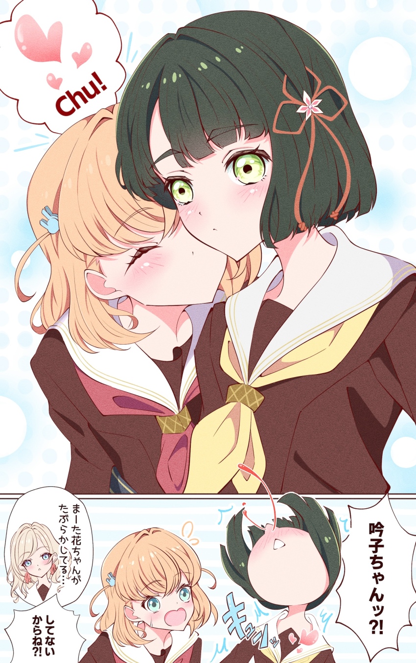 3girls ^_^ aqua_eyes aroused_nosebleed blood blue_eyes blunt_bangs blunt_ends blush bob_cut brown_dress ceras_yanagida_lilienfeld closed_eyes commentary dress falling flower flower_knot flying_sweatdrops green_eyes green_hair grey_hair hair_flower hair_ornament hair_ribbon hasu_no_sora_school_uniform heart highres hinoshita_kaho kentotto kiss kissing_cheek link!_like!_love_live! long_sleeves looking_at_another love_live! momose_ginko multiple_girls neckerchief nose_blush nosebleed open_mouth orange_hair pink_ribbon rabbit_hair_ornament red_neckerchief ribbon romaji_commentary sailor_collar sailor_dress school_uniform short_hair speech_bubble spoken_heart two_side_up virtual_youtuber white_flower white_sailor_collar winter_uniform yellow_neckerchief yuri