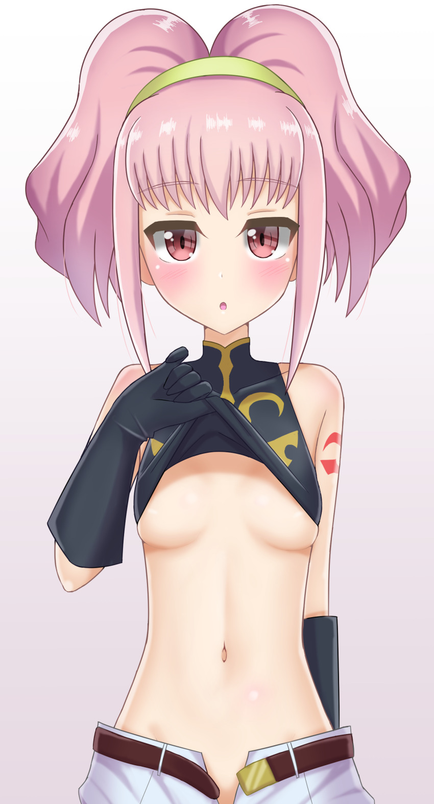 1girl absurdres anya_alstreim areola_slip blush breasts code_geass gloves highres katsuragi_b_k knights_of_the_round_uniform looking_at_viewer midriff navel no_bra no_panties open_mouth pink_eyes pink_hair short_hair simple_background small_breasts solo stomach underboob white_background