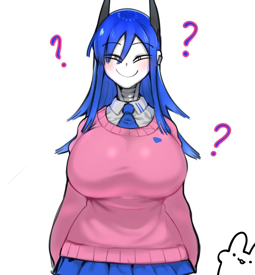 android animal blue_hair blush breasts collared_shirt gynoid huge_breasts long_hair looking_at_viewer miniskirt minkye necktie original pink_sweater ? robot robot_ears robot_girl shirt simple_background skirt smile source_request sweater white_background