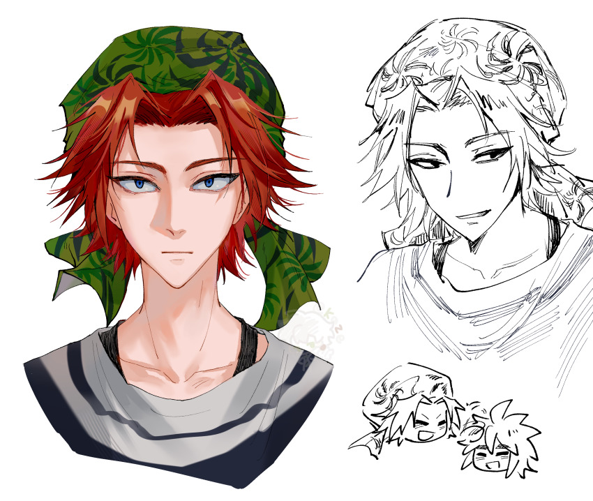 1boy 1girl annie_(saibou_shinkyoku) bandana blue_eyes bra_strap chinese_commentary closed_eyes closed_mouth collarbone commentary_request curtained_hair expressionless green_bandana headpat highres isoi_reiji kaze_(yznyttdgs) male_focus open_mouth orange_hair parted_bangs saibou_shinkyoku sanpaku shirt short_hair simple_background smile striped_clothes striped_shirt v-shaped_eyebrows white_background