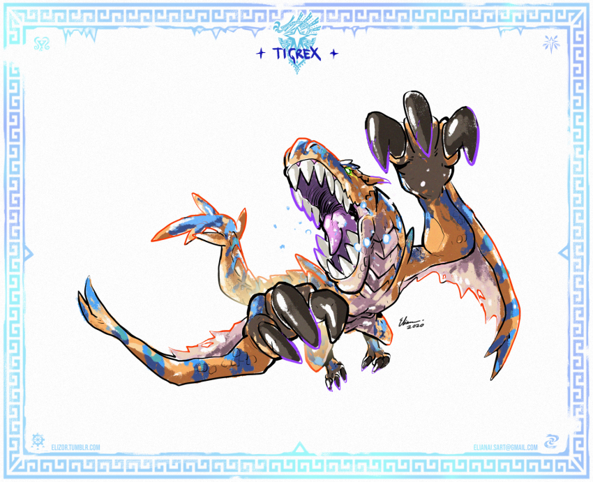 border character_name claws dated eliz0r email_address foreshortening highres monster_hunter:_world monster_hunter_(series) monster_hunter_world:_iceborne no_humans open_mouth pouncing sharp_teeth signature simple_background teeth tigrex tumblr_username