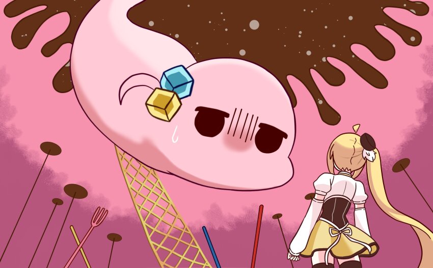 2girls absurdres ahoge black_eyes black_headwear black_thighhighs blonde_hair bocchi_the_rock! charlotte_(madoka_magica) cosplay cube_hair_ornament detached_ahoge detached_sleeves gotoh_hitori gotoh_hitori_(tsuchinoko) hair_ornament hat highres ijichi_nijika long_hair magical_girl mahou_shoujo_madoka_magica mami_mogu_mogu multiple_girls parody ponytail skirt sweat thighhighs tomoe_mami tomoe_mami_(cosplay) tomoe_mami_(magical_girl) very_long_hair yamine_alice