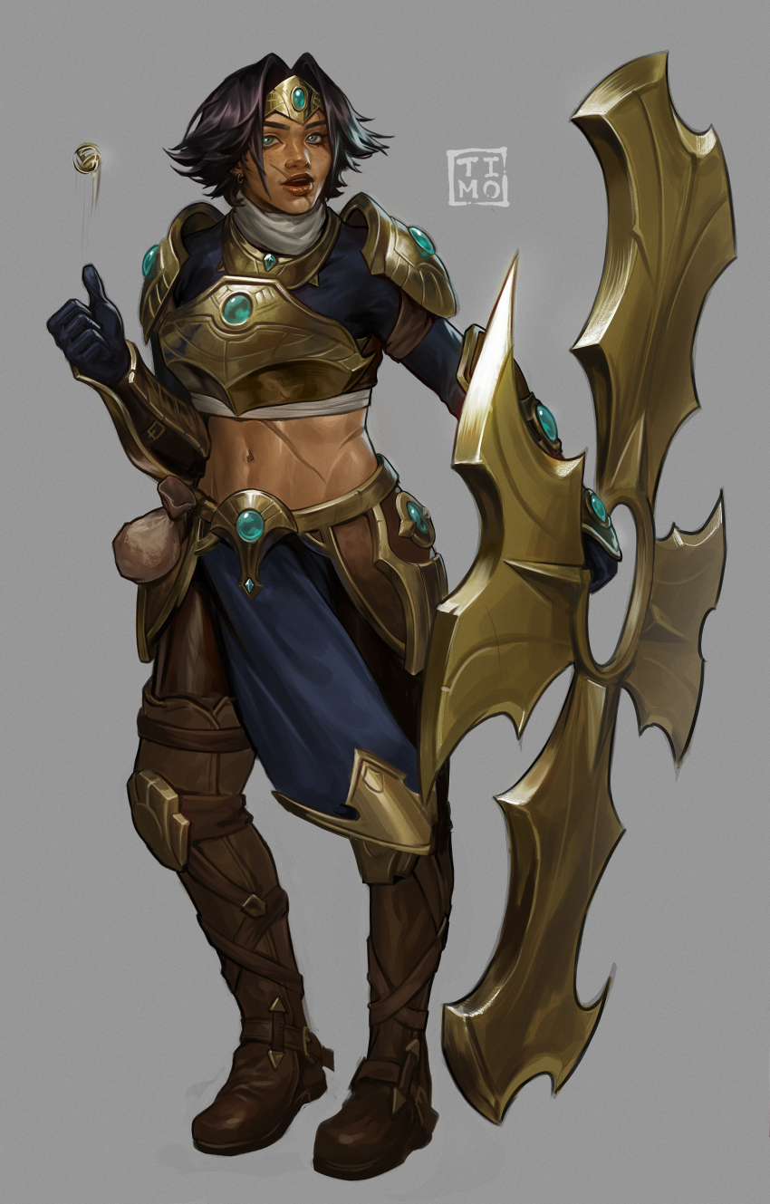 1girl absurdres alternate_costume armor artist_name black_gloves boomerang brown_footwear coin dark-skinned_female dark_skin gloves gold_armor grey_background grey_scarf highres holding holding_weapon league_of_legends navel scar scarf shiny_skin shoulder_plates simple_background sivir solo stomach timo_(timotimo628) weapon