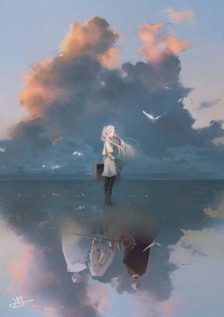 1girl 2boys absurdres bird black_cloak black_pantyhose blue_sky brown_hair brown_shoes capelet cloak closed_mouth cloud cloudy_sky commentary_request elf film_grain floating_hair frieren from_behind from_side heiter highres himmel_(sousou_no_frieren) holding holding_suitcase lengmoart long_hair looking_at_viewer looking_back multiple_boys orange_clouds pantyhose pointy_ears reflection reflective_water shoes short_hair signature skirt sky sousou_no_frieren standing standing_on_liquid suitcase turning_head twintails white_capelet white_cloak white_hair white_skirt wide_shot