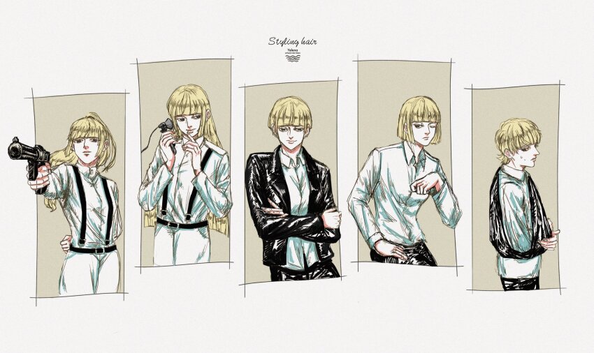 1girl aiming alternate_hairstyle applying_makeup blonde_hair bowl_cut collared_shirt cropped_legs highres jacket long_hair mimi_(61743952) aiming shingeki_no_kyojin shirt short_hair simple_background smile standing tsurime yelena_(shingeki_no_kyojin)