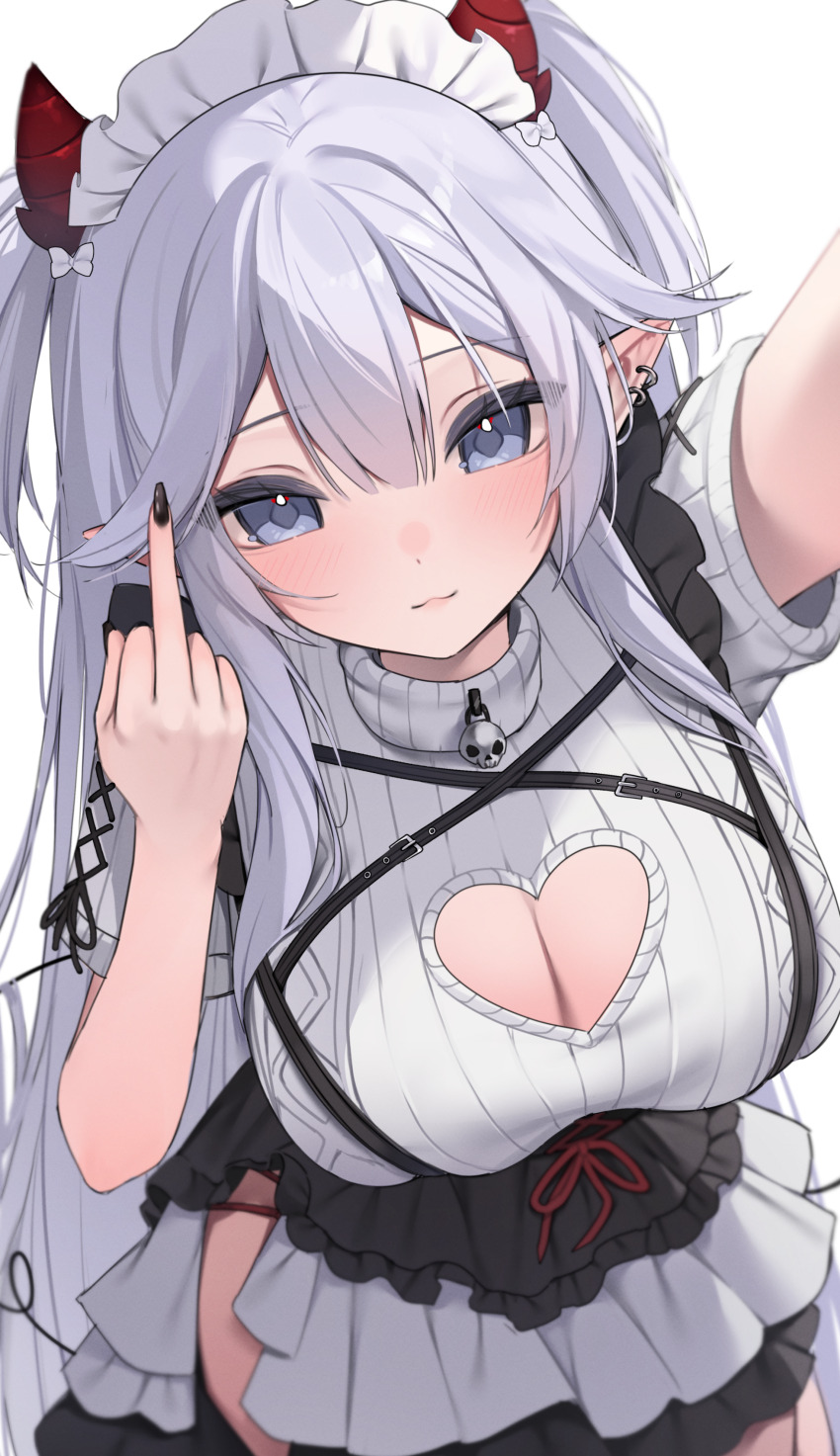 1girl :3 absurdres black_nails blue_eyes breasts cable_knit cleavage cleavage_cutout closed_mouth clothing_cutout cowboy_shot demon_horns diamond-shaped_pupils diamond_(shape) frilled_skirt frills hand_up headdress heart_cutout highres hiroside horns indie_virtual_youtuber large_breasts layered_skirt long_hair looking_at_viewer middle_finger nail_polish outstretched_arm pointy_ears profanity ribbed_sweater short_sleeves side_slit simple_background skirt smile solo sweater symbol-shaped_pupils two_side_up vei_(vtuber) very_long_hair virtual_youtuber white_background white_hair white_sweater