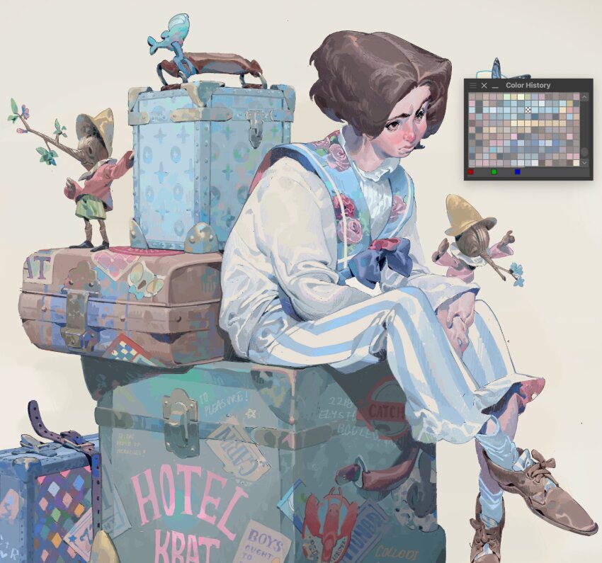 1girl 2others between_legs blue_pants blue_socks box brown_footwear brown_hair closed_mouth collar color_guide creature crossed_ankles floral_print flower foot_dangle fortisselle frilled_collar frills hand_between_legs highres light_frown long_sleeves looking_ahead mini_person multiple_others on_box original own_hands_together oxfords pants parted_hair pink_flower pink_rose pinstripe_pants pinstripe_pattern red_flower red_rose rose short_hair simple_background sitting sitting_on_box size_difference sleeves_past_wrists socks suitcase sweater two-tone_pants white_pants white_sweater yellow_background