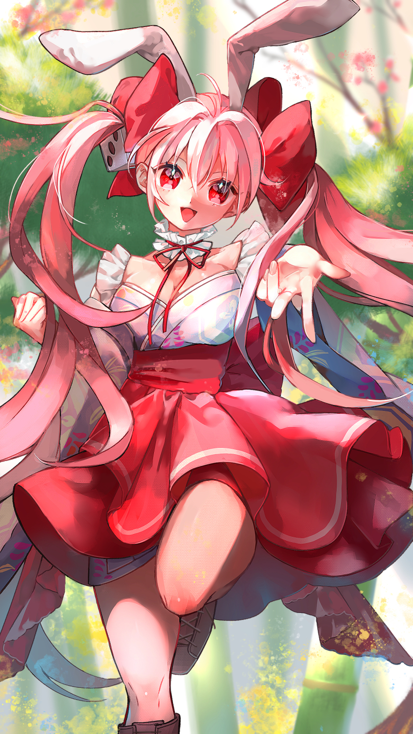 58_(scbaby) absurdres animal_ears blurry blurry_background boots breasts brown_boots cleavage detached_sleeves di_gi_charat dice_hair_ornament dress fake_animal_ears hair_ornament highres large_breasts looking_at_viewer open_mouth pink_dress pink_hair rabbit_ears red_eyes spring_(season) standing standing_on_one_leg twintails usada_hikaru wide_sleeves