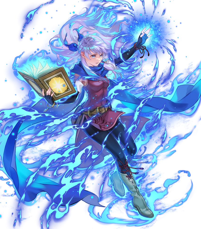 1girl alternate_eye_color attack aura blue_eyes blue_fire blue_headband book breasts fingerless_gloves fire fire_emblem fire_emblem:_radiant_dawn fire_emblem_engage fire_emblem_heroes gloves headband highres holding holding_book medium_breasts micaiah_(emblem)_(fire_emblem) micaiah_(fire_emblem) nintendo non-web_source official_alternate_eye_color official_art open_book pantyhose scarf solo suzuki_rika white_hair