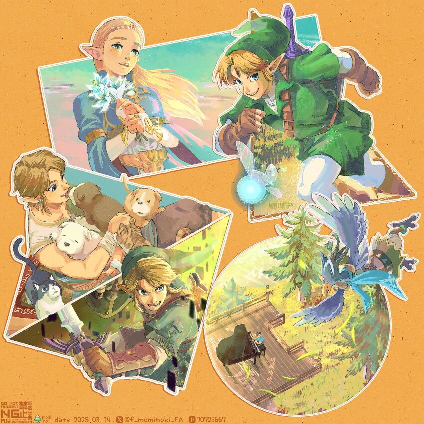 animal armor bird_boy black_fur blue_eyes blue_flower blue_shirt bouquet braid breasts brown_fur brown_gloves cat chainmail crown_braid dated dog earrings fairy fingerless_gloves flower flying furrowed_brow fuyumaru_mominoki gloves green_hat green_tunic hat highres holding holding_animal holding_bouquet holding_dog holding_shield holding_sword holding_weapon instrument jewelry leather_armor light_blush link long_hair master_sword medium_breasts music navi nintendo one_eye_closed open_mouth orange_background pants parted_bangs piano pine_tree playing_instrument playing_piano pointy_ears princess_zelda revali rito running shield shield_on_back shirt short_hair sidelocks silent_princess smile sword the_legend_of_zelda the_legend_of_zelda:_breath_of_the_wild the_legend_of_zelda:_skyward_sword the_legend_of_zelda:_twilight_princess thick_eyebrows tree tunic tuxedo_cat twitter_username two-tone_fur weapon weapon_on_back white_fur white_pants white_shirt
