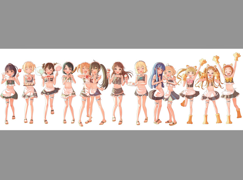 &gt;_&lt; 6+girls absurdres akagi_miria alternate_costume animal_ears animal_hands apron arms_up black_hair blonde_hair blue_hair bow brown_eyes brown_hair candy_apple cat_ears cat_paws chocolate_banana choudai-sama closed_eyes closed_mouth commentary_request cotton_candy crepe cup enmaided fake_animal_ears food frilled_thigh_strap fruit fukuyama_mai full_body gloves hairband heart heart_hands heart_hands_duo highres holding holding_crepe holding_food holding_tray ice_cream_crepe ichihara_nina idolmaster idolmaster_cinderella_girls idolmaster_cinderella_girls_u149 koga_koharu letterboxed lineup long_hair looking_at_viewer maid maid_apron maid_headdress matoba_risa midriff multiple_girls navel one_eye_closed open_mouth orange_hair paw_gloves paw_shoes ponytail red_eyes ryuzaki_kaoru sajo_yukimi sakurai_momoka sasaki_chie short_hair short_twintails simple_background smile strawberry tachibana_arisu teacup thigh_strap tray twintails wavy_hair white_apron white_background yokoyama_chika yusa_kozue yuuki_haru