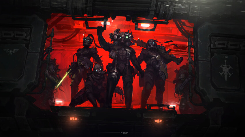 absurdres assault_rifle blue_eyes bodysuit bolter callidus_assassin culexus_assassin eddygonzlezdvila eversor_assassin explosive glowing glowing_eyes grenade gun handgun helmet highres kneeling lasgun looking_down mask officio_assassinorum ponytail rifle skull sniper_rifle vindicare_assassin warhammer_40k weapon