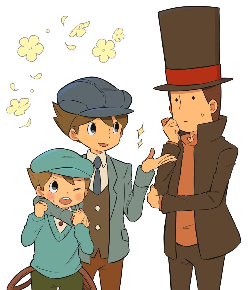 3boys arm_over_head black_eyes blue_headwear blue_jacket blue_necktie blue_sweater blush brown_hair brown_headwear brown_jacket brown_pants brown_vest newsboy_cap collared_shirt commentary_request flower frown future_luke green_shorts hand_up hands_up hat hershel_layton high_collar highres jacket kiwami_(kiwamimuneko) long_sleeves looking_back luke_triton male_focus multiple_boys necktie one_eye_closed open_clothes open_jacket open_mouth orange_sweater pants professor_layton professor_layton_and_the_unwound_future shirt short_hair shorts smile sparkle standing suspenders suspenders_hanging sweatdrop sweater top_hat vest white_background white_shirt yellow_flower