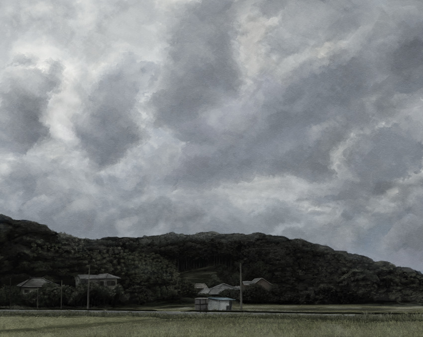 absurdres akebonobashi_(artist) building cloud commentary dark dark_clouds dated_commentary day forest grey_sky highres hill house mountain muted_color nature no_humans original outdoors overcast rice_paddy scenery sky tagme utility_pole