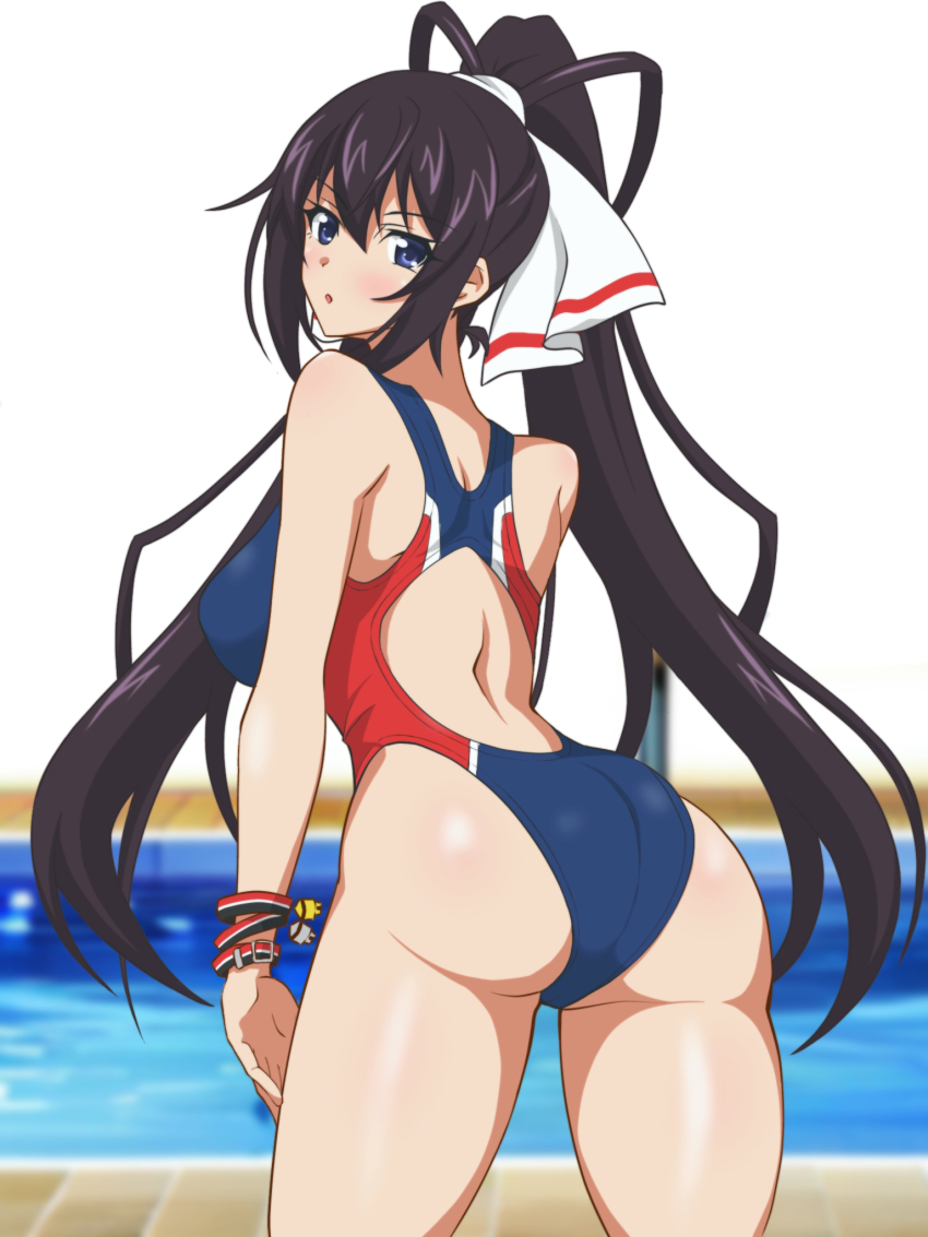 1girl ass black_hair blue_eyes blue_one-piece_swimsuit bracelet commentary_request competition_swimsuit cowboy_shot from_behind hair_ribbon hata_(pixiv10403940) high_ponytail highleg highleg_one-piece_swimsuit highres infinite_stratos jewelry long_hair looking_at_viewer looking_back one-piece_swimsuit ponytail pool ribbon shinonono_houki solo split_ponytail swimsuit two-tone_swimsuit white_ribbon