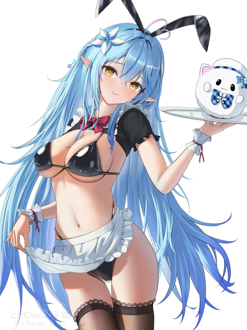 ahoge animal_ears apron black_bra black_panties black_thighhighs blue_hair blush bra breasts cleavage cowboy_shot fake_animal_ears gradient_hair head_tilt heart heart_ahoge highres hololive large_breasts long_hair maid multicolored_hair panties pink_hair rabbit_ears simple_background thighhighs torjun_111 two-tone_hair underwear very_long_hair virtual_youtuber white_background yellow_eyes yukihana_lamy