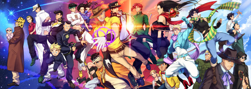 5girls 6+boys age_progression anchor_(symbol) baby bare_shoulders battle_tendency belt black_hair blonde_hair caesar_anthonio_zeppeli carrying cropped_jacket dark-skinned_male dark_skin diamond_is_not_crash dog dollar_sign earflap_hat erina_pendleton everyone facial_hair family father_and_son fingerless_gloves gakuran george_joestar_ii gloves hat heart hermit_purple higashikata_josuke higashikata_tomoko highres hirose_koichi iggy_(jojo) ishiima_shiro jean_pierre_polnareff jojo_no_kimyou_na_bouken jonathan_joestar joseph_joestar joseph_joestar_(old) joseph_joestar_(young) kakyoin_noriaki kishibe_rohan knee_pads kuujou_joutarou lisa_lisa long_image mohammed_avdol multiple_belts multiple_boys multiple_girls multiple_persona nijimura_okuyasu old old_man old_woman peaked_cap red_hair red_scarf red_stone_of_aja robert_e._o._speedwagon rudolph_von_stroheim scarf school_uniform shizuka_joestar shoulder_carry sleeveless smokey_brown stardust_crusaders striped_clothes striped_scarf sunset suzi_q time_paradox uncle_and_nephew wide_image yamagishi_yukako