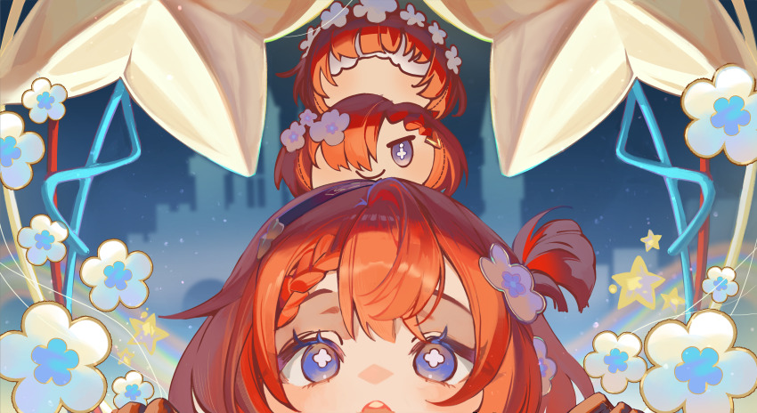 3girls absurdres black_hairband blue_eyes commentary_request cross-shaped_pupils flower hair_over_one_eye hairband head_wreath highres honkai:_star_rail honkai_(series) multiple_girls open_mouth red_hair short_hair star_(symbol) symbol-shaped_pupils teeth totomong trianne_(honkai:_star_rail) tribbie_(honkai:_star_rail) trinnon_(honkai:_star_rail) upper_teeth_only white_blindfold white_flower