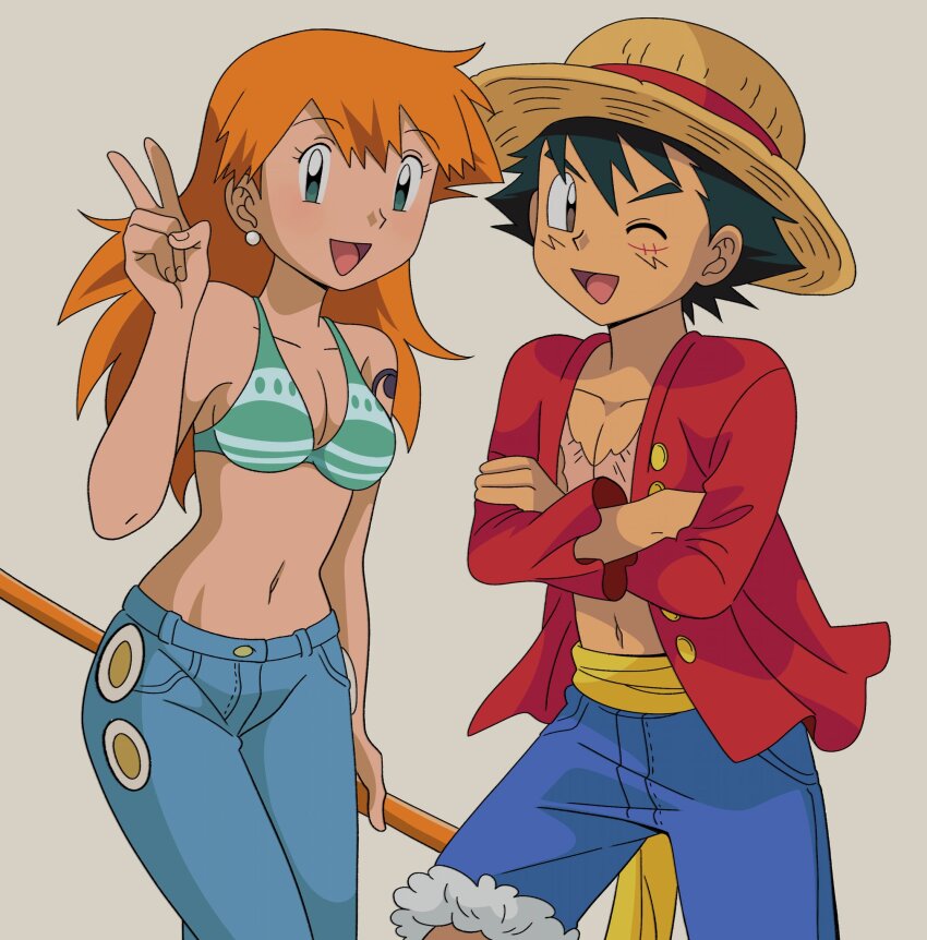 1boy 1girl ash_ketchum bare_arms bare_shoulders bikini bikini_top_only black_hair blue_eyes blue_pants blue_shorts breasts brown_eyes chandllucky cleavage clima-tact collarbone commentary commission cosplay cowboy_shot cross_scar crossed_arms denim earrings english_commentary facial_scar fur-trimmed_shorts fur_trim green_bikini halterneck hand_up hat highres holding holding_staff jeans jewelry long_hair looking_at_viewer medium_breasts midriff misty_(pokemon) monkey_d._luffy monkey_d._luffy_(cosplay) nami_(one_piece) nami_(one_piece)_(cosplay) nami_(one_piece)_(return_to_sabaody) navel nintendo one_eye_closed one_piece open_clothes open_mouth open_shirt orange_hair pants pearl_earrings pokemon pokemon_(anime) pokemon_(classic_anime) red_shirt sash scar scar_on_cheek scar_on_chest scar_on_face shirt short_hair shorts shoulder_tattoo simple_background smile staff straw_hat swimsuit tattoo v yellow_sash