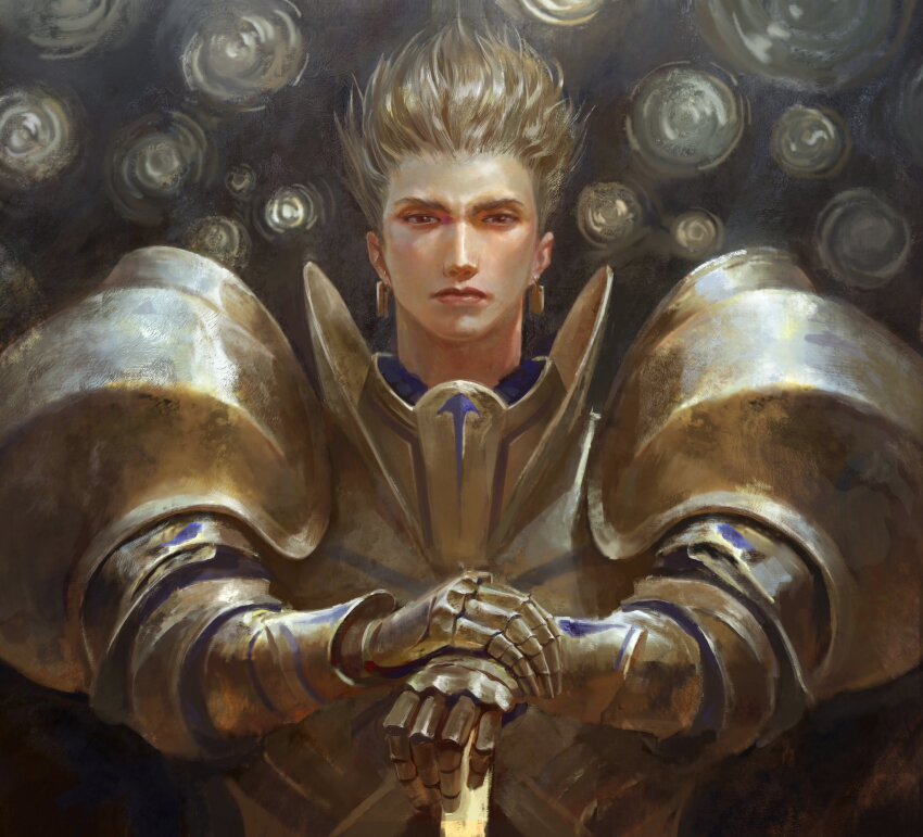 1boy armor arms_up blonde_hair breastplate brown_eyes closed_mouth commentary ear_piercing earrings english_commentary fate_(series) fieroo gauntlets gilgamesh_(fate) gold_armor highres jewelry looking_at_viewer male_focus noble_phantasm_(fate) pauldrons piercing realistic shoulder_armor solo spiked_hair straight-on sword upper_body weapon yellow_theme