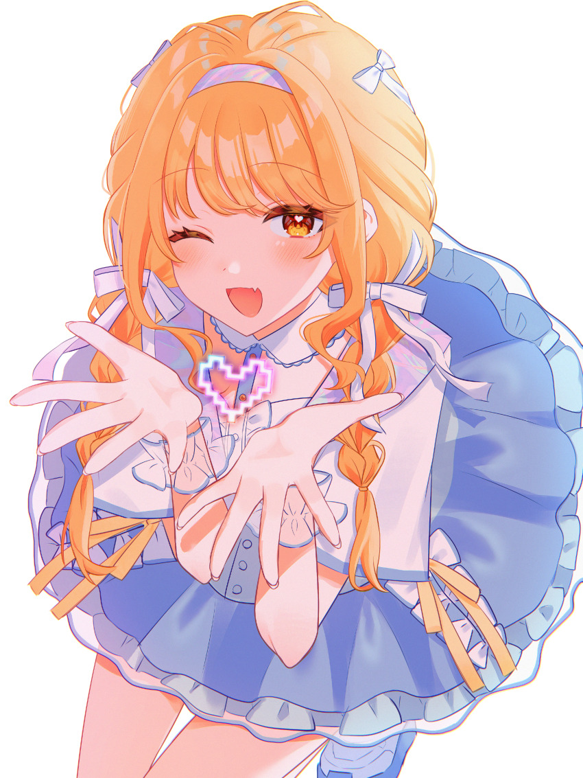 1girl ;d absurdres blonde_hair blowing_kiss blue_skirt blush braid fang frilled_wristband fujita_kotone gakuen_idolmaster hair_ribbon heart heart_in_eye highres idolmaster jacket long_hair looking_at_viewer one_eye_closed open_mouth pixel_heart ribbon sekaiichi_kawaii_watashi_(idolmaster) shio_shake_shio short_sleeves simple_background skin_fang skirt smile solo symbol_in_eye twin_braids white_background white_jacket white_ribbon yellow_eyes
