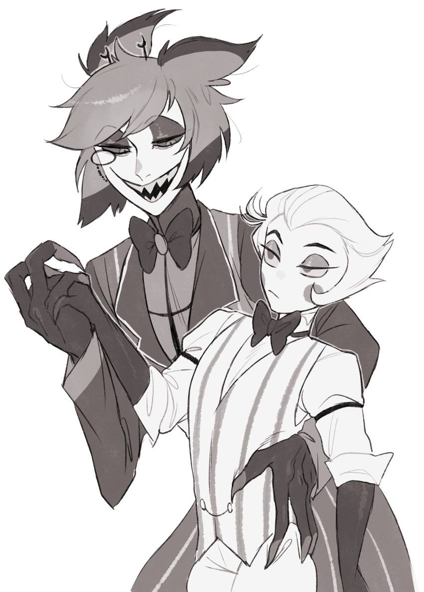 2boys absurdres alastor_(hazbin_hotel) animal_ears antlers aoi_(0ud0ntabetabe) bow bowtie closed_mouth coat collared_shirt colored_sclera commentary deer_antlers deer_boy deer_ears eyeshadow frown greyscale half-closed_eyes hand_on_another&#039;s_hip hazbin_hotel height_difference highres horns long_sleeves looking_at_another lucifer_morningstar_(hazbin_hotel) makeup male_focus monochrome monocle multicolored_hair multiple_boys open_mouth sharp_teeth shirt short_hair simple_background size_difference sleeves_rolled_up smile striped_clothes striped_coat striped_vest symbol-only_commentary teeth traditional_bowtie two-tone_hair vertical-striped_clothes vertical-striped_coat vertical-striped_vest vest