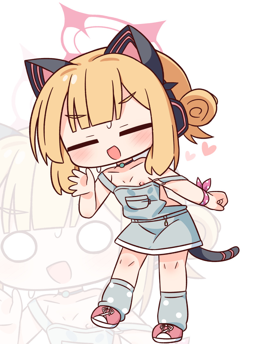 1girl :d animal_ear_headphones animal_ears bare_shoulders blonde_hair blue_archive blush breasts chibi closed_eyes collarbone facing_viewer fake_animal_ears grey_socks hair_bun halo hana_kazari hand_up headphones heart highres loli momoi_(blue_archive) multiple_views nipples o_o open_mouth overall_skirt pink_shoes polka_dot_socks shoes simple_background single_side_bun small_breasts smile socks strap_slip sweat tail white_background zoom_layer