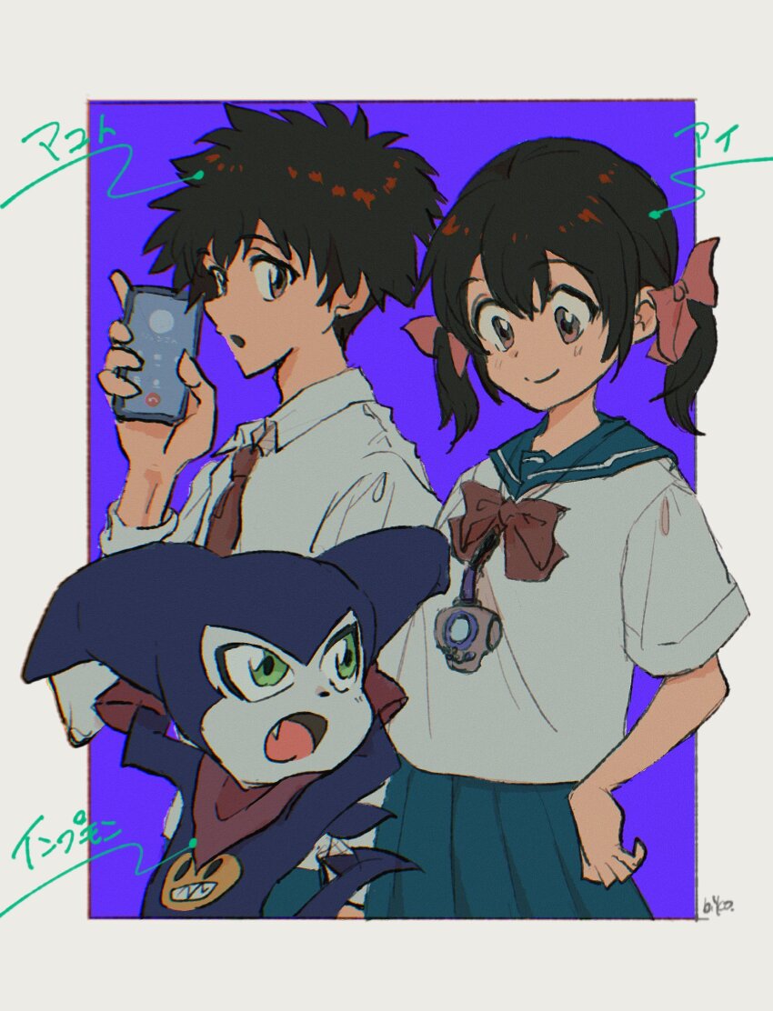 1girl 2boys ai_(digimon_tamers) arms_behind_head blue_skirt brown_hair d-ark digimon digimon_tamers fang green_eyes highres holding holding_phone impmon low_twintails makoto_(digimon_tamers) medium_hair multiple_boys phone pleated_skirt purple_background shinbiko shirt short_hair simple_background skirt twintails white_shirt