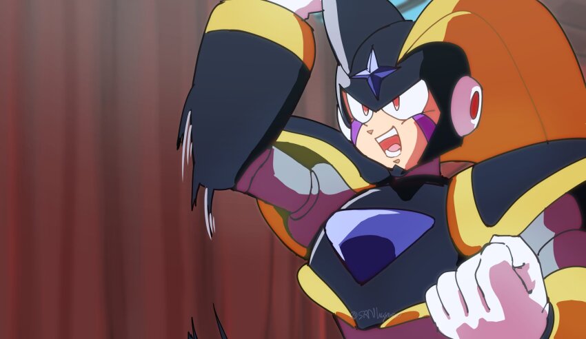 1boy armor bass_(mega_man) black_armor black_helmet chest_jewel dancing dragon_ball_z dragon_ball_z_kami_to_kami facial_mark forehead_jewel helmet highres male_focus mega_man_(classic) mega_man_(series) red_eyes shoulder_armor solo srnhuyuno upper_body