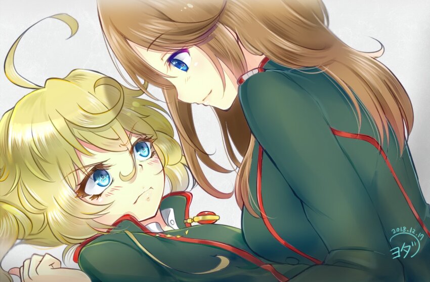 2girls ahoge blonde_hair blue_eyes blush breasts brown_hair clenched_hand closed_mouth commentary_request cross dated gem green_jacket hair_between_eyes high_ponytail huge_ahoge iron_cross jacket long_hair long_sleeves looking_at_another looking_down looking_up lying mandarin_collar medium_breasts military_jacket multiple_girls on_back ponytail red_gemstone sidelocks signature simple_background smile tanya_degurechaff upper_body v-shaped_eyebrows viktoriya_ivanovna_serebryakov white_background youda_(seravichacha) youjo_senki yuri