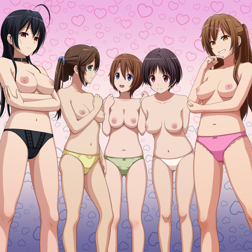 10s 5girls :d ahoge bare_shoulders black_hair black_panties blue_eyes blush breasts brown_hair cameltoe chuunibyou_demo_koi_ga_shitai! collar collarbone elenab gradient_background green_panties grin hair_ornament hairclip heart highres lineup long_hair multiple_girls nibutani_shinka nipples open_mouth panties pink_eyes pink_panties ponytail red_eyes short_hair skindentation smile takanashi_touka togashi_yuuta&#039;s_mother topless_female tsukumo_nanase tsuyuri_kumin underwear underwear_only white_panties yellow_panties