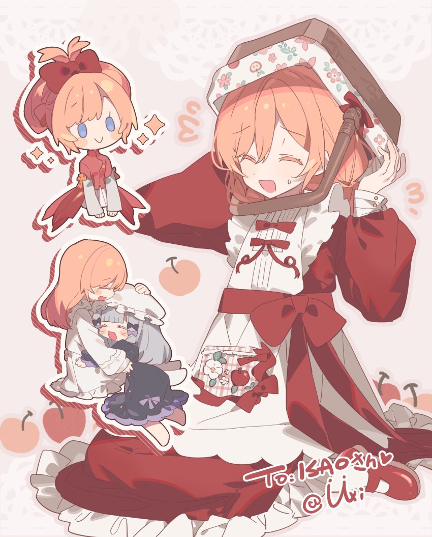 2girls absurdres asphyxia17 black_dress blue_eyes chibi cinnamiku_hairstyle closed_eyes commission dress grey_hair highres hood hooded_jacket hug jacket multiple_girls original red_dress red_hair sitting smile thighhighs twitter white_thighhighs