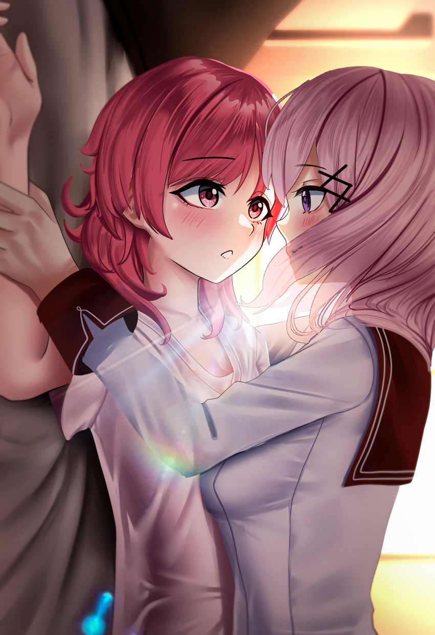 2girls absurdres black_sailor_collar blush commentary commission copyright_request english_commentary eye_contact grey_hair highres holding_another&#039;s_wrist long_hair long_sleeves looking_at_another manjo_(warito) multiple_girls on_bed parted_lips pink_eyes pink_hair pinned pixiv_commission purple_eyes sailor_collar shirt sideways upper_body white_shirt yuri