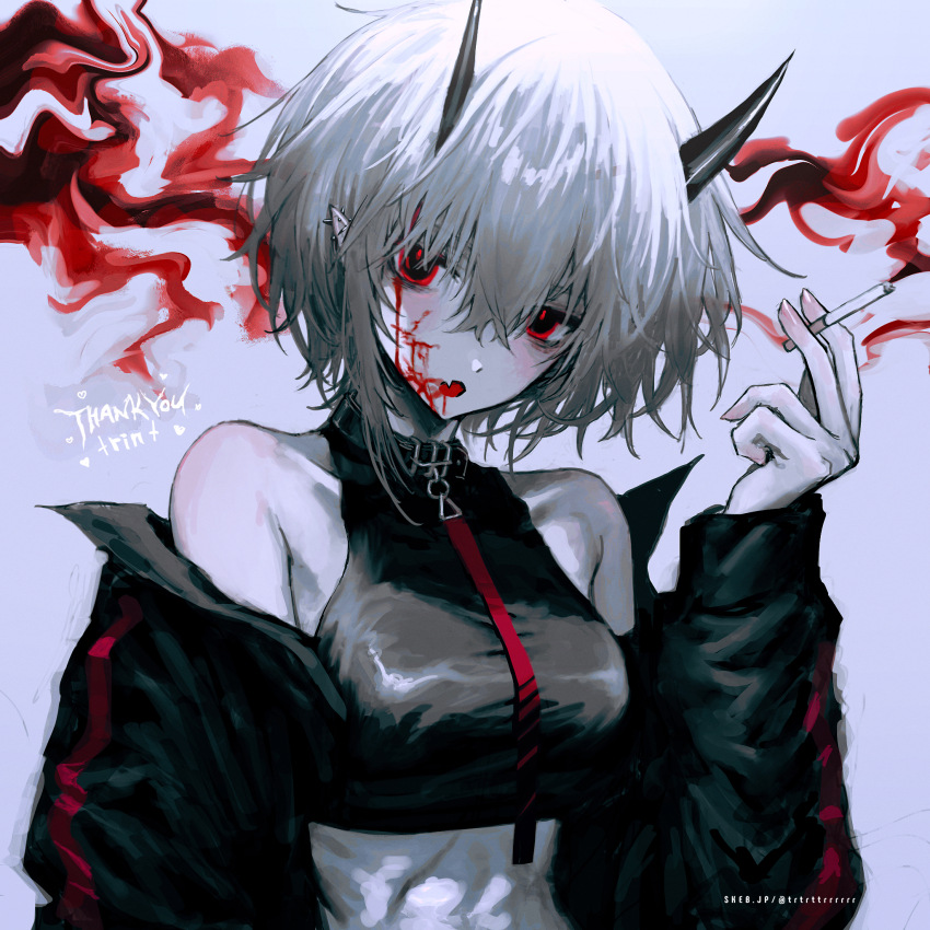 1girl abs artist_name bare_shoulders black_eyes black_horns black_jacket blood blood_on_face breasts cigarette collar_choker commission ear_piercing fang hair_between_eyes highres holding holding_cigarette horns imp indie_virtual_youtuber jacket jacket_off_shoulders long_sleeves midriff multiple_piercings pale_skin piercing pointy_ears red_pupils red_tongue rinkya short_hair simple_background skeb_commission skin_fang solo thank_you tomboy toned toned_female trtrttrrrrrr virtual_youtuber white_hair