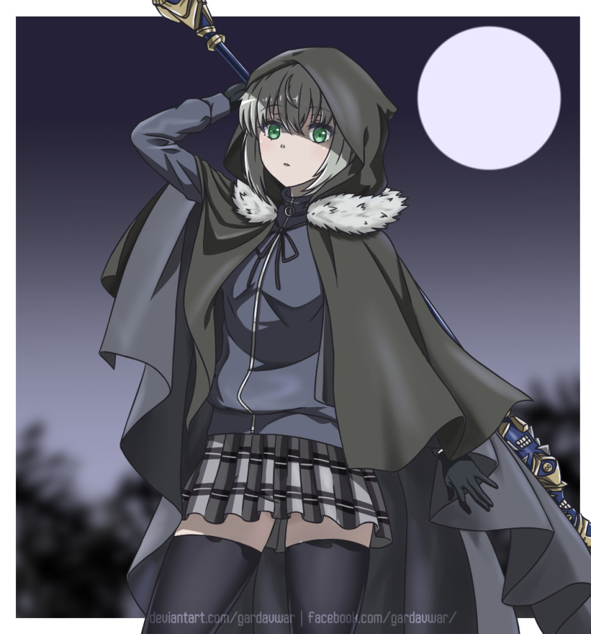 1girl arm_behind_head black_gloves border brown_cloak brown_thighhighs cloak commentary english_commentary fate_(series) fur-trimmed_cloak fur_trim gardavwar gloves gray_(fate) green_eyes grey_jacket grey_skirt holding_behind_back holding_weapon_behind_back jacket looking_at_viewer lord_el-melloi_ii_case_files neck_ribbon outside_border parted_lips plaid_clothes plaid_skirt rhongomyniad_(fate) ribbon skirt solo thighhighs thighs watermark web_address white_border zettai_ryouiki