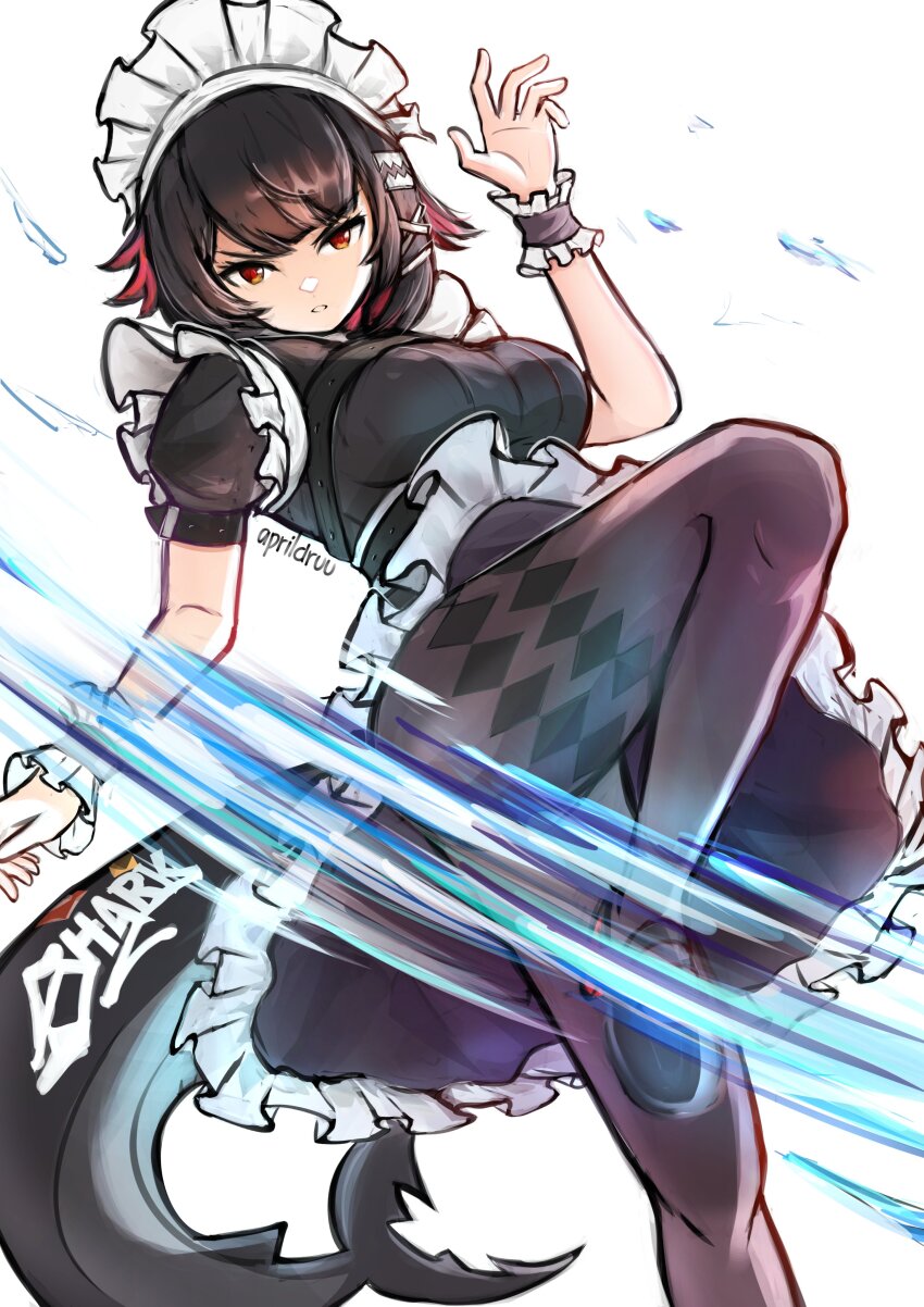 1girl absurdres andrewaprilio black_hair black_pantyhose colored_inner_hair ellen_joe fins fish_tail frilled_wristband hairband highres leg_up long_hair looking_at_viewer maid maid_headdress metal_hairband multicolored_hair pantyhose parted_lips razor_blade_hair_ornament shark_girl shark_tail spiked_headband tail water_drop white_background zenless_zone_zero